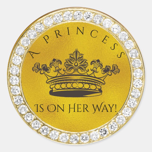 Diamond Gold Crown Princess Baby Shower Favour Classic Round Sticker (Front)