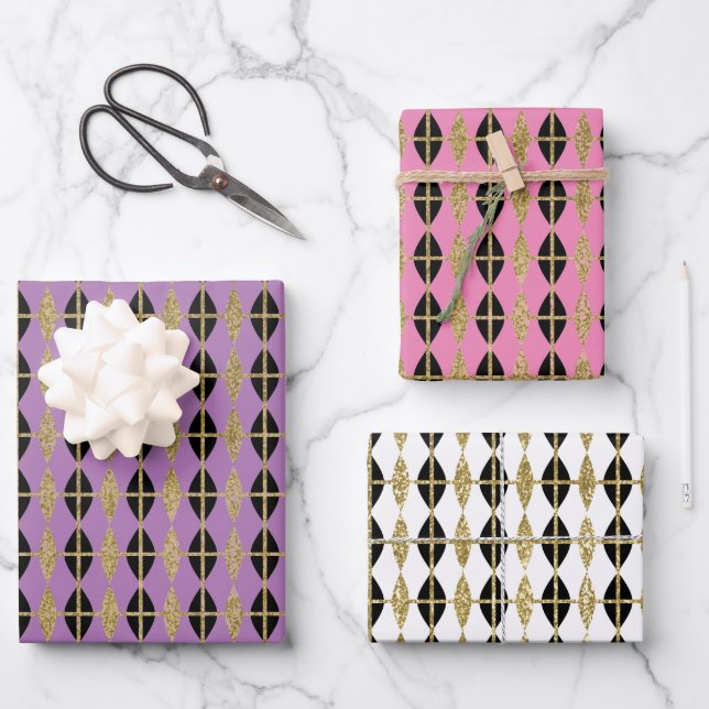 Diamond & Gold Grid Trio V Wrapping Paper Sheet (Front)