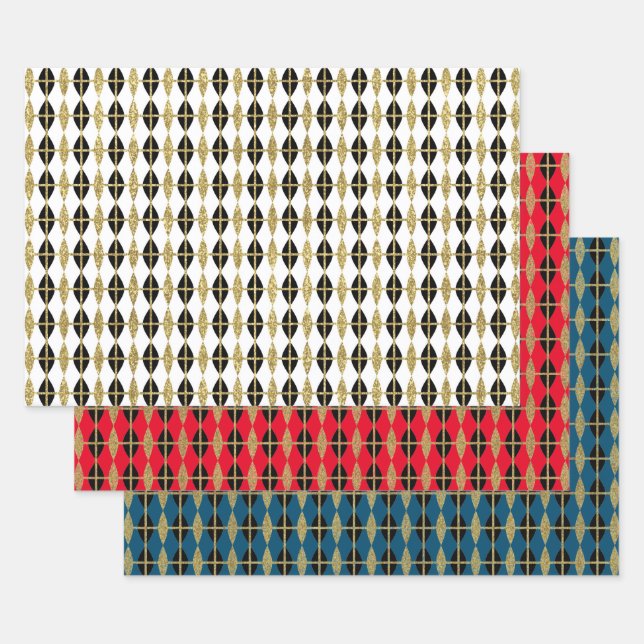 Diamond & Gold Grid Trio Wrapping Paper Sheet (Set)