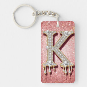 Diamond Gold Initial Letter K Pink Gift For Women Keychain