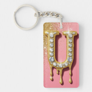 Diamond Gold Initial Letter U Pink Gift For Her Keychain