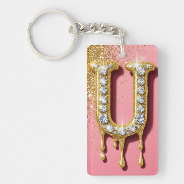 Diamond Gold Initial Letter U Pink Gift For Her Keychain (Front)
