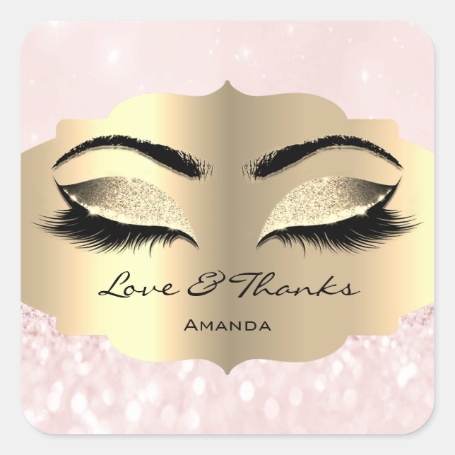 Diamond Gold Lashes Pink  Sweet 16th Love & Thanks Square Sticker (Front)
