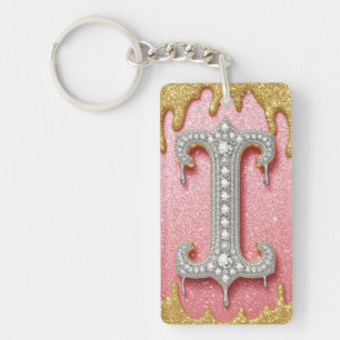 Diamond Gold Letter I Initial Pink Gift For Women Keychain