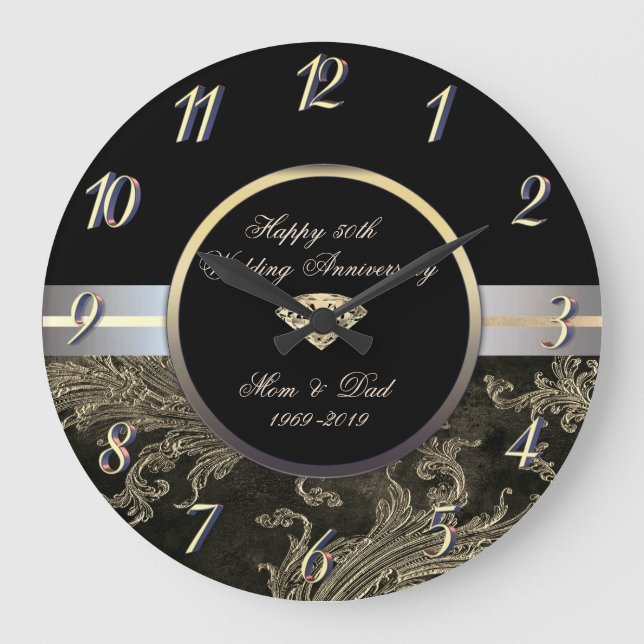 Diamond Gold Swirls Damask50th Wedding Anniversary Large Clock (Front)
