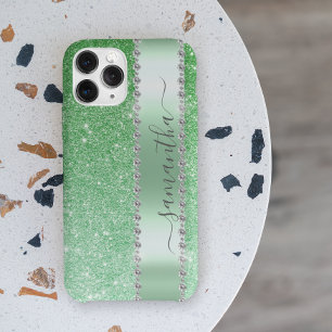 Diamond Green Glitter Calligraphy Monogram Name iPhone 13 Pro Max Case