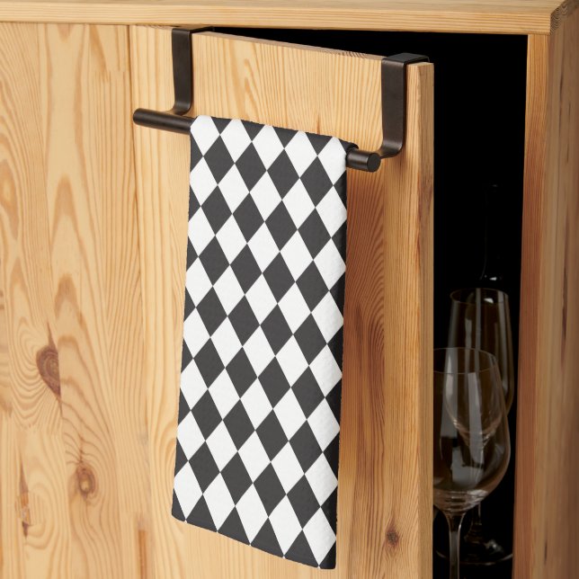 Diamond Harlequin Pattern in Black and White Kitchen Towel (Thirds Fold)