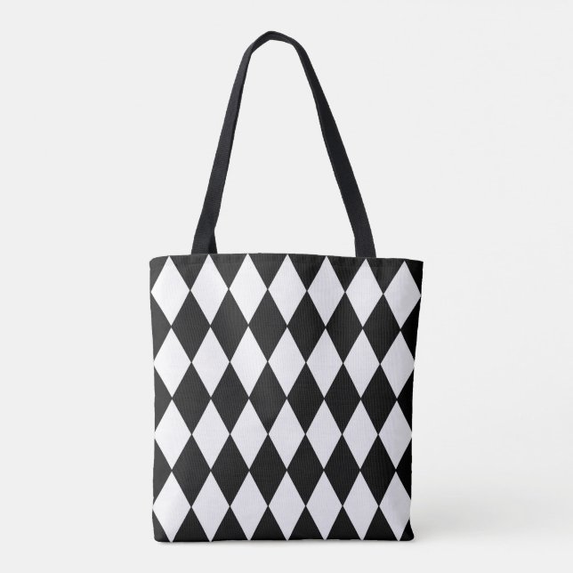 Diamond Harlequin Pattern in Black and White Tote Bag (Back)
