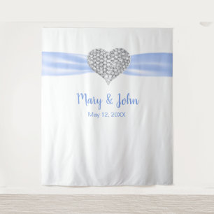 Diamond Heart Blue Ribbon Wedding Backdrop Tapestry