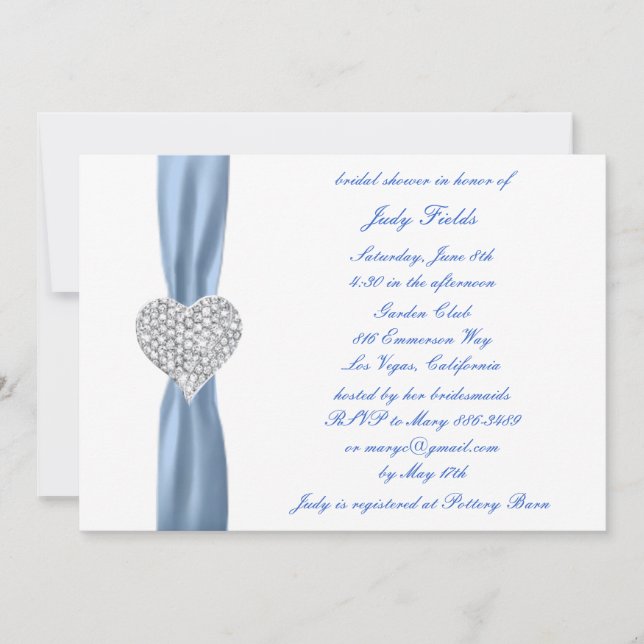 Diamond Heart Blue Wedding Bridal Shower Invite (Front)