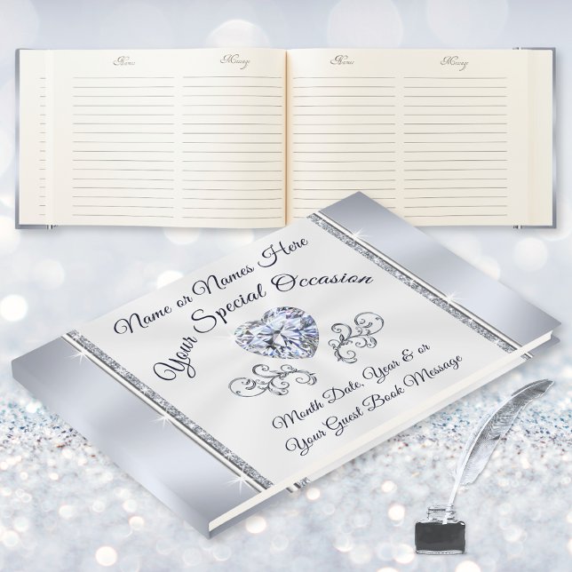 Diamond Heart Elegant Guest Book for ANY Occasion (60th wedding anniversary guestbook. Anniversary guestbook personalized, for Any Occasion. Diamond.)