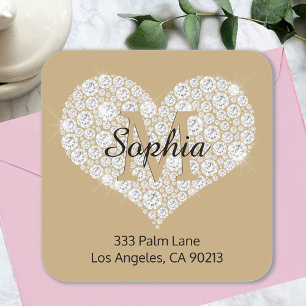 Diamond Heart, Gold Monogram, Name, Address Square Sticker