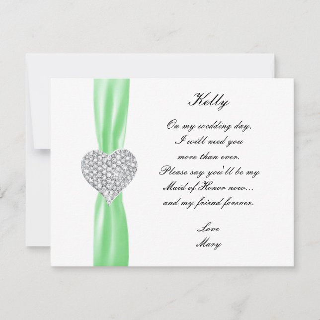 Diamond Heart Green Wedding Maid Of Honour Card (Front)
