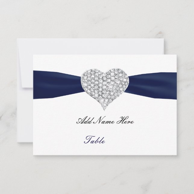 Diamond Heart Navy Blue Wedding Table Place Card (Front)
