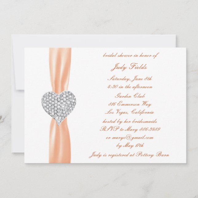 Diamond Heart Orange Mariage Invitation Fête des m (Devant)