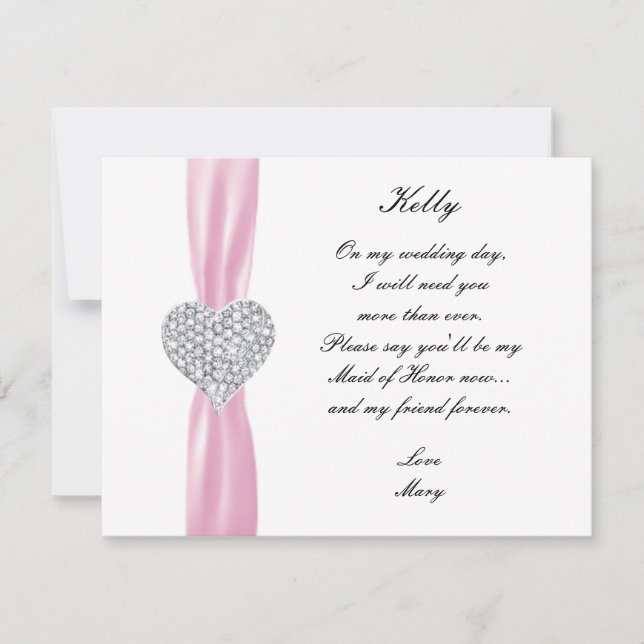 Diamond Heart Pink Wedding Maid Of Honour Card (Front)