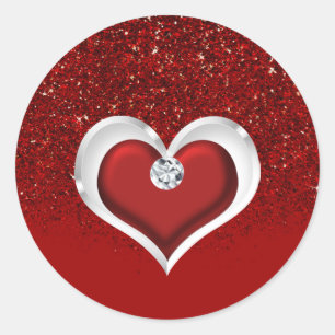 Diamond Heart Red Glitter Sparkle Glam Modern Classic Round Sticker