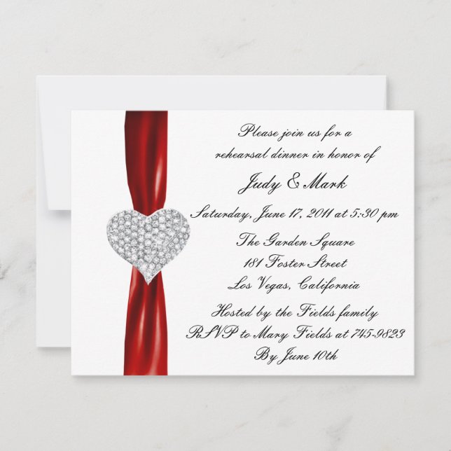 Diamond Heart Red Rehearsal Dinner Invitation (Front)