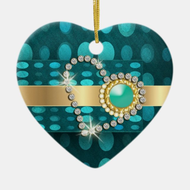 Diamond heart sparkling aqua gems ceramic ornament (Front)