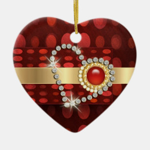 Diamond heart sparkling aqua gems ceramic ornament