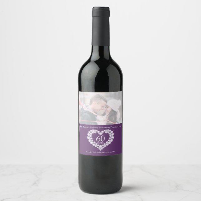 Diamond heart wedding 60 years personalized photo wine label (Front)