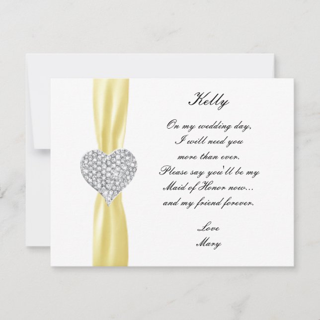 Diamond Heart Yellow Wedding Maid Of Honour Card (Front)