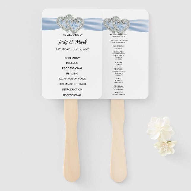 Diamond Hearts Blue Wedding Program Fans (Front and Back)