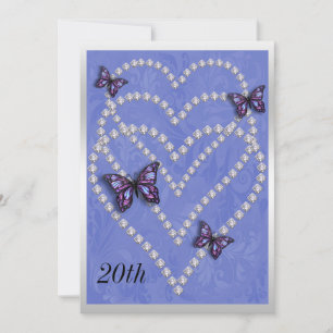 Diamond Hearts & Butterflies 20th Birthday Invitation