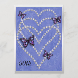 Diamond Hearts & Butterflies 90th Birthday Invitation