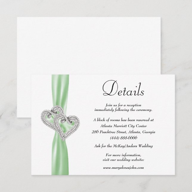 Diamond Hearts Green Ribbon Wedding Details Enclosure Card (Front/Back)