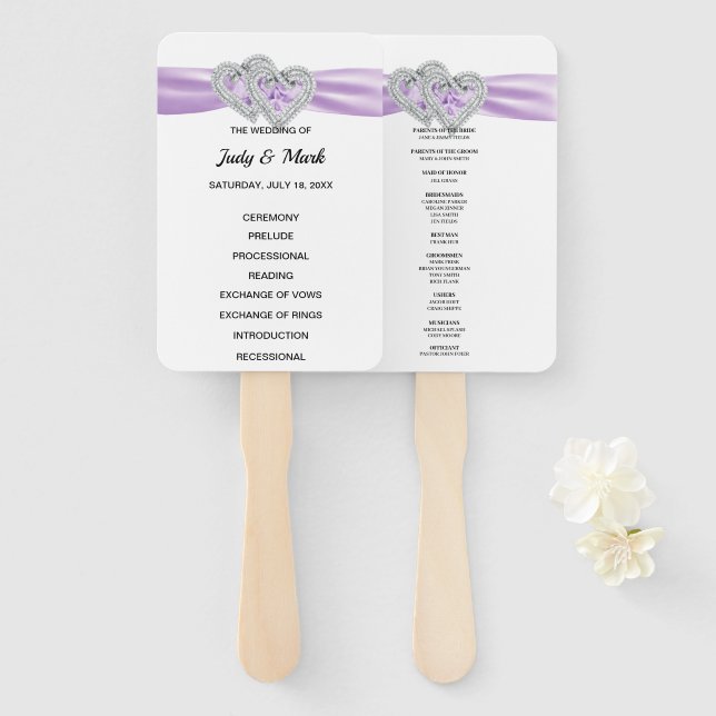 Diamond Hearts Purple Wedding Program Fans (Front and Back)