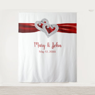 Diamond Hearts Red Ribbon Wedding Backdrop Tapestry