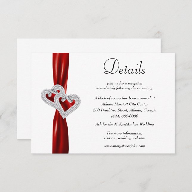 Diamond Hearts Red Ribbon Wedding Details Enclosure Card (Front/Back)