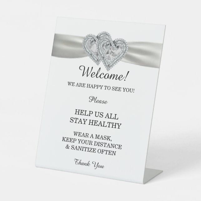 Diamond Hearts White Ribbon Wedding Safety  Pedestal Sign (Front)