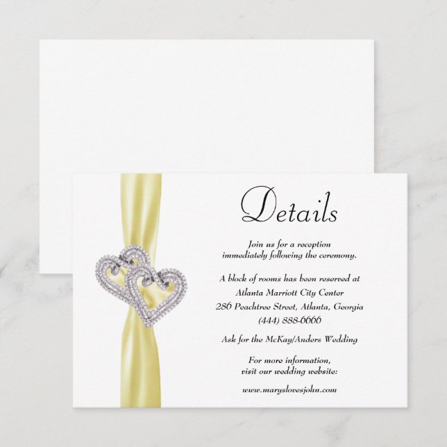 Diamond Hearts Yellow Ribbon Wedding Details Enclosure Card (Front/Back)