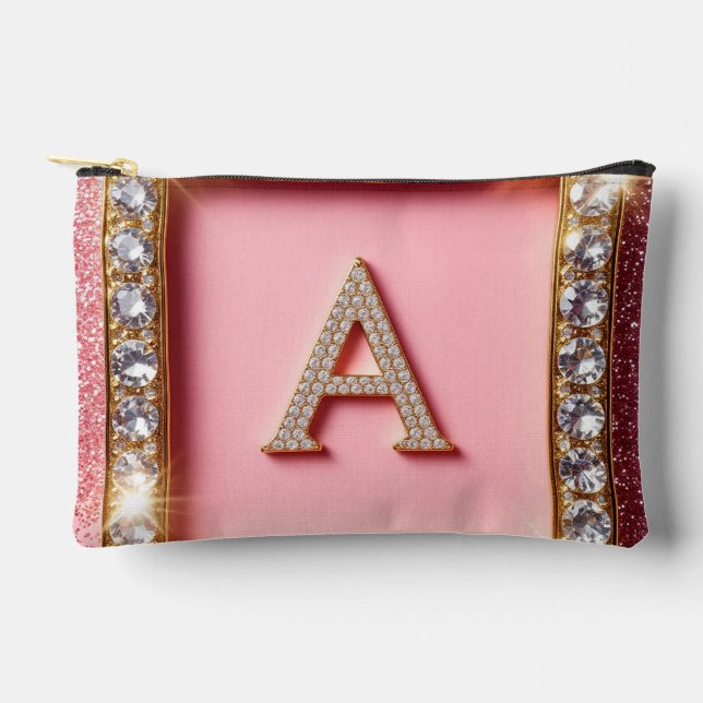 Diamond Initial A Gold Frame Pink Glitter Monogram Accessory Pouch (Front)