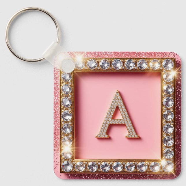 Diamond Initial A Gold Frame Pink Glitter Monogram Keychain (Front)