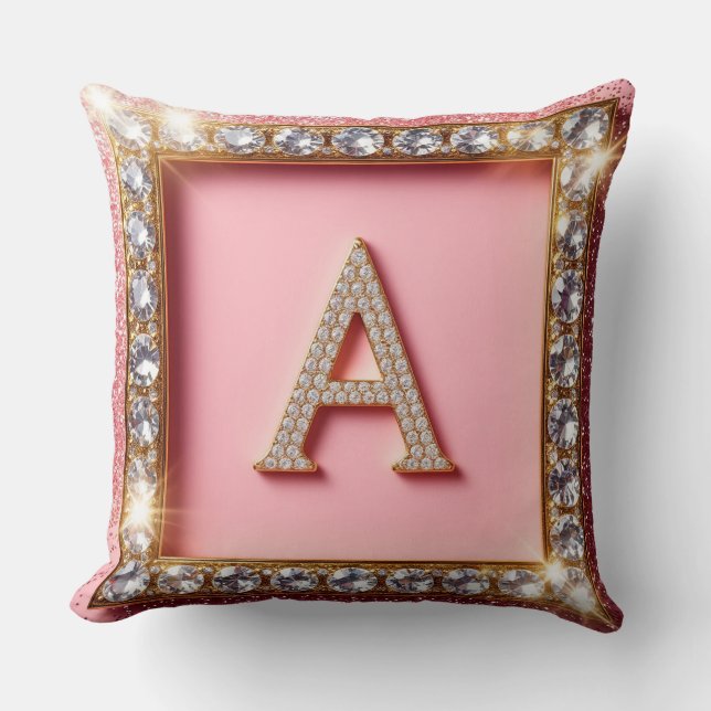 Diamond Initial A Gold Frame Pink Glitter Monogram Throw Pillow (Front)