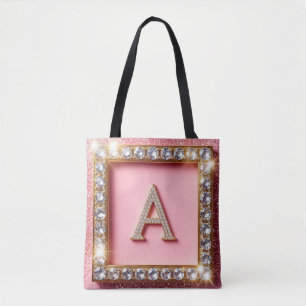 Diamond Initial A Gold Frame Pink Glitter Monogram Tote Bag