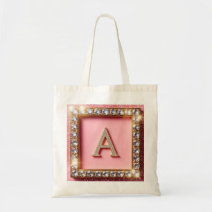 Diamond Initial A Gold Frame Pink Glitter Monogram Tote Bag