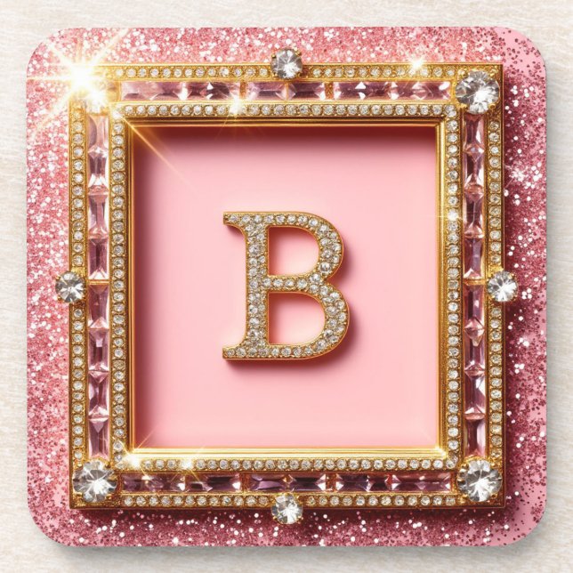Diamond Initial B Pink Glitter Gold Frame Monogram Coaster (Front)