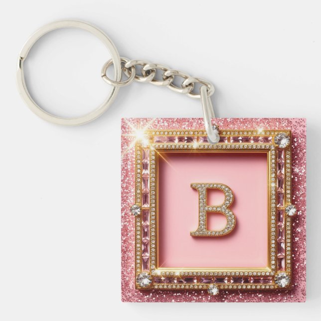 Diamond Initial B Pink Glitter Gold Frame Monogram Keychain (Front)