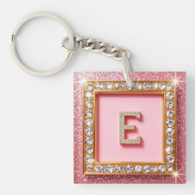 Diamond Initial E Gold Frame Pink Glitter Monogram Keychain (Front)