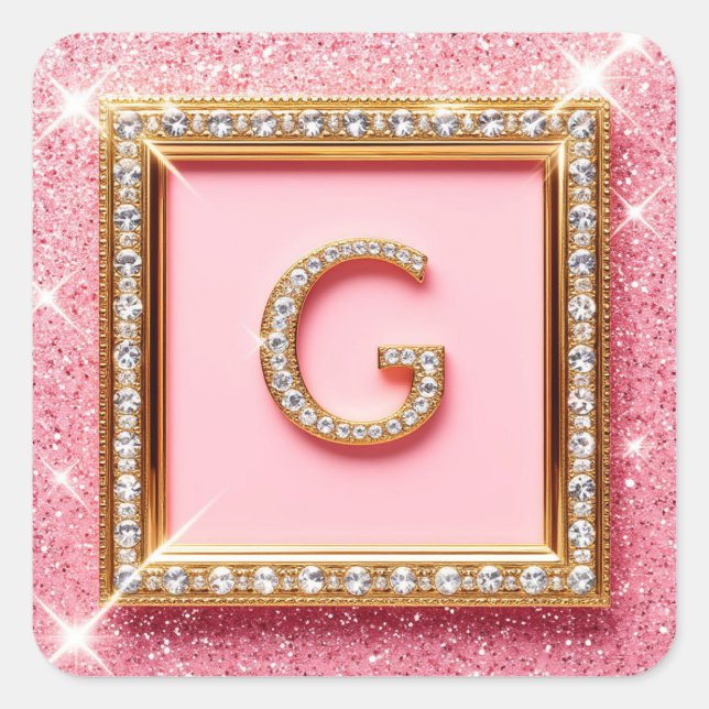 Diamond Initial G Gold Frame Pink Glitter Monogram Square Sticker (Front)