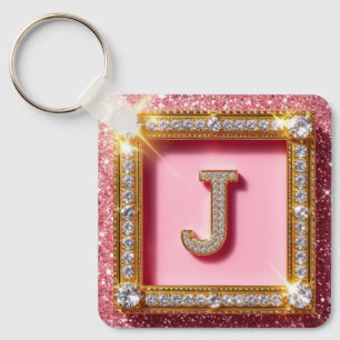 Diamond Initial J Pink Glitter Gold Frame Monogram Keychain