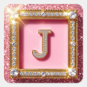 Diamond Initial J Pink Glitter Gold Frame Monogram Square Sticker