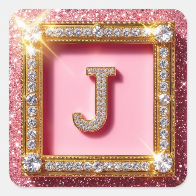 Diamond Initial J Pink Glitter Gold Frame Monogram Square Sticker (Front)