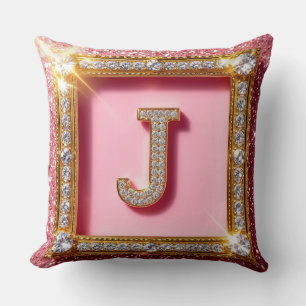 Diamond Initial J Pink Glitter Gold Frame Monogram Throw Pillow