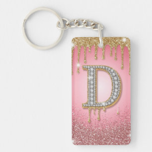 Diamond Initial Letter D Gold Pink Gift For Mom Keychain