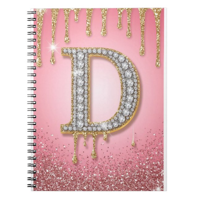 Diamond Initial Letter D Gold Pink Gift For Mom Notebook (Front)